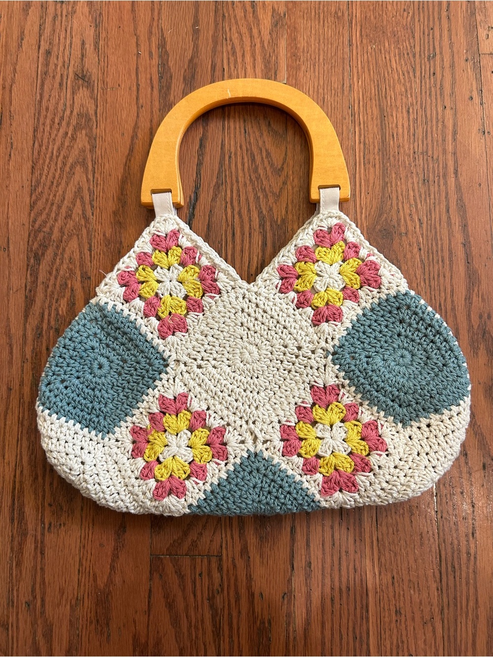 Crochet Granny Square Floral Handbag Wood Handle Lined Boho Purse Cottagecore - Picture 3 of 9